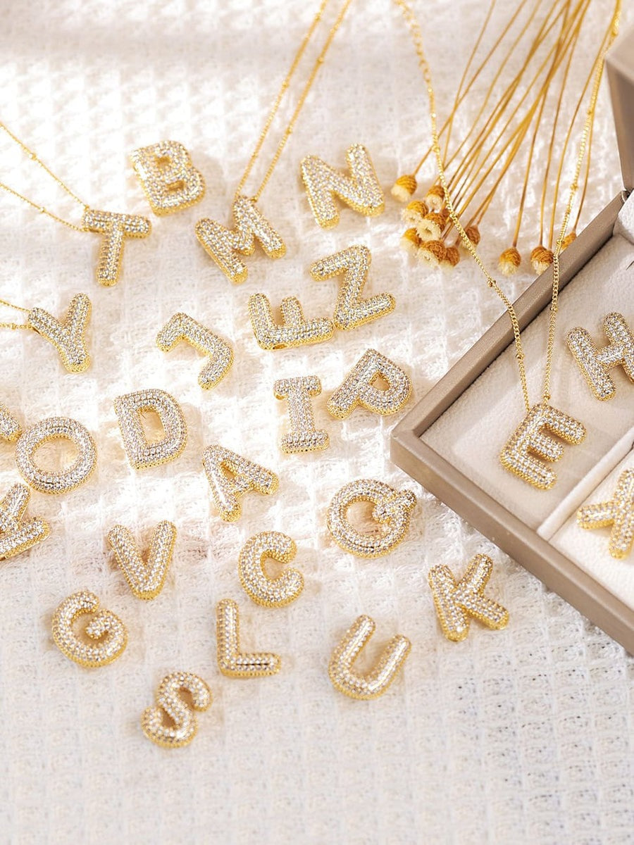 Pavé Bubble Letter Monogram Necklace Gold
