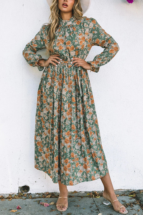 Green Frill Neck Boho Floral Print Pleated Belted Maxi Dress Green