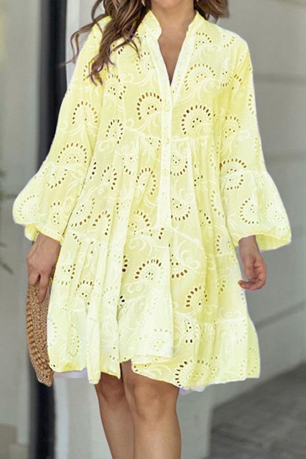 V Neck Embroidered Hollow Lace Flower Mini Dress Yellow