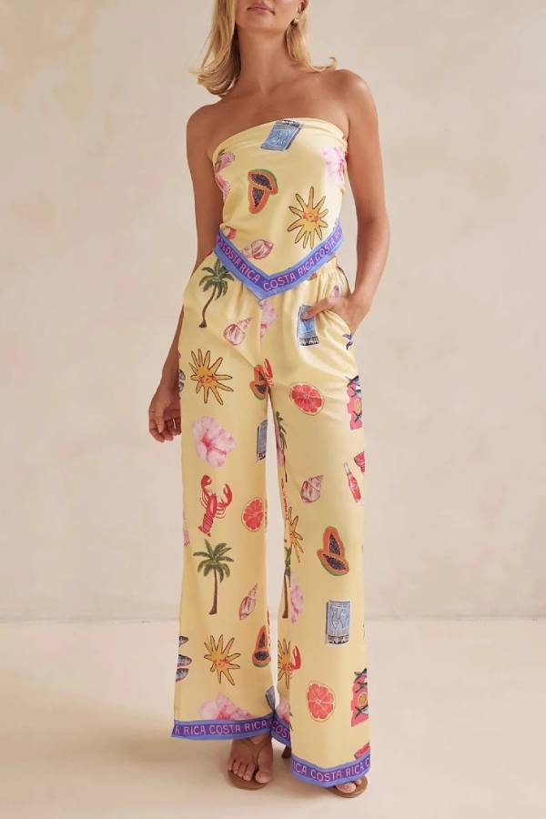 Vacation-Style Printed Satin Strapless Top + High-Waisted Wide-Leg Pants Set