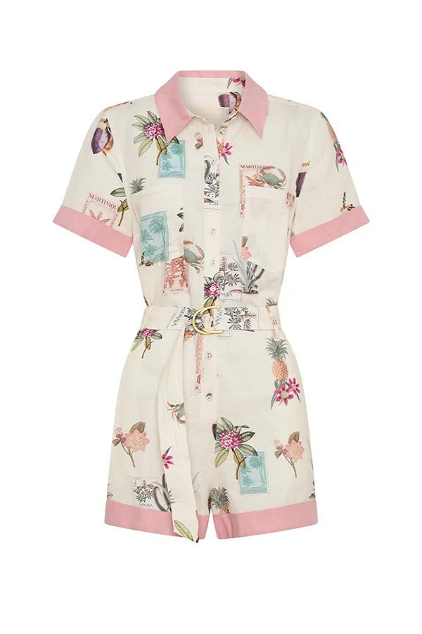 Plant Print Lapel Short Sleeves Loose Pocket Waist Tie Casual Rompers