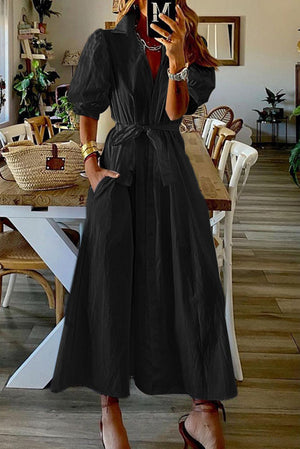 Vintage Pocketed Shirt Midi Dress Black