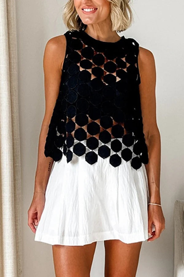 Casie See Through Circle Embroidery Round Neck Sleeveless Tank