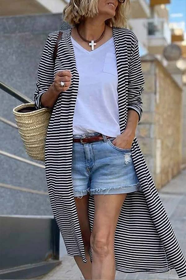 Black and White Striped Print Open Front Long Cardigan Black