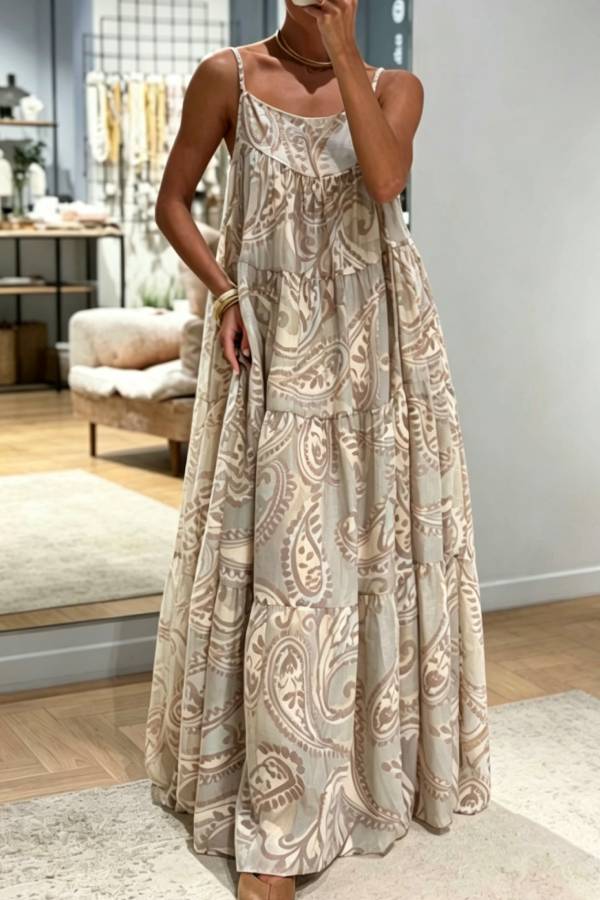 Paisley Print Spaghetti Strap Tiered Maxi Dress