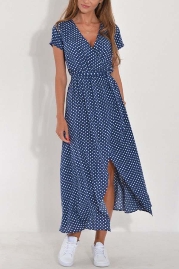 V-neck slit mid-length jumpsuit Navy blue