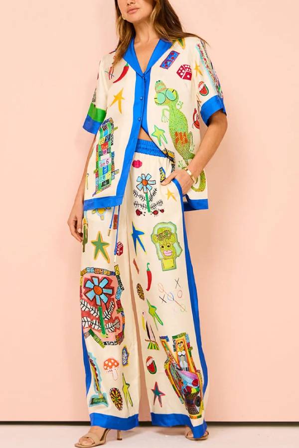 Funny Graffiti Print Casual Two-piece Set Blue