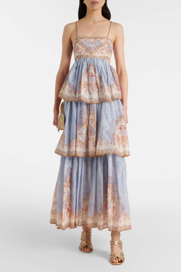Vintage Paisley Print Lace-Up Backless Tiered Maxi Dress