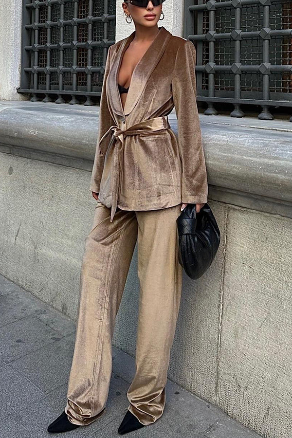 Cool Girl Energy Velvet Long Sleeve Belted Lapel Coat and Elastic Waist Pocketed Loose Pants Set Camel