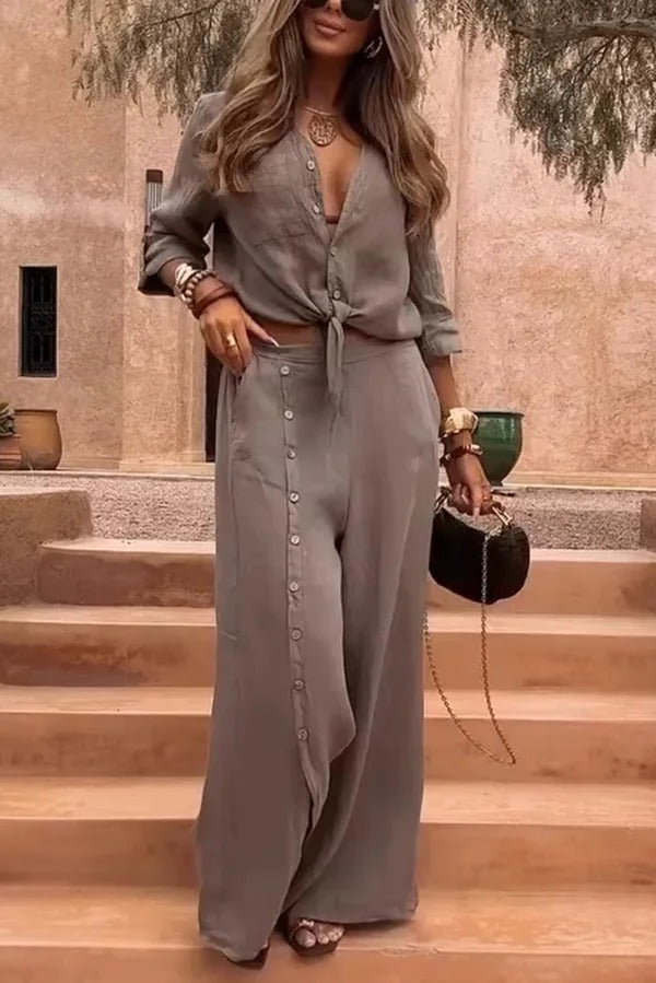 Einfarbiges, lässiges Button-Down-Hemd mit Revers und weitem Hosenset mit Taschenschlitz