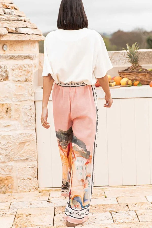 Unique Printed Elastic Waist Vacation Casual Wide Leg Pants