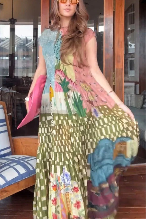 Relaxed and Playful Unique Print Smocked Short Sleeve Flare Maxi Dress