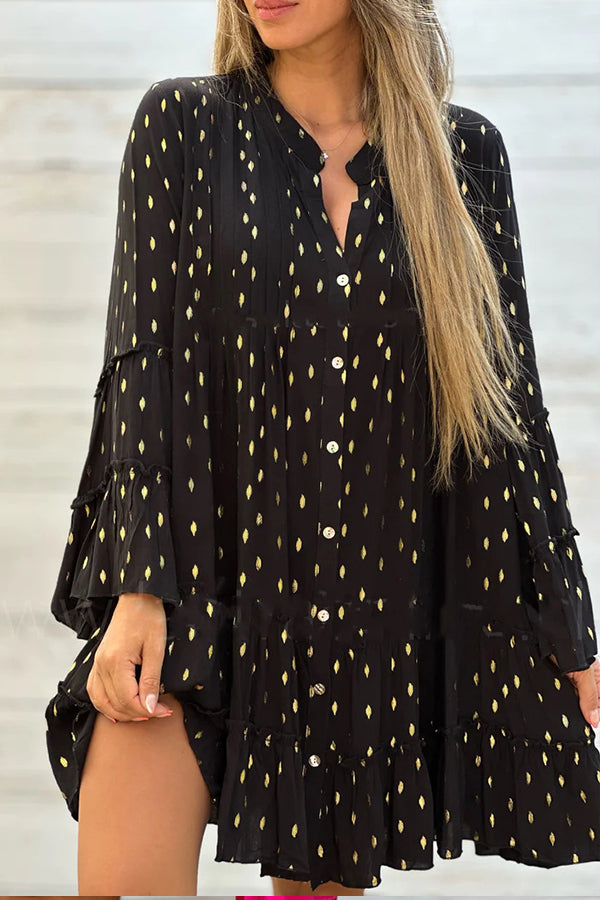 V-neck casual fashion printed patchwork dress Black