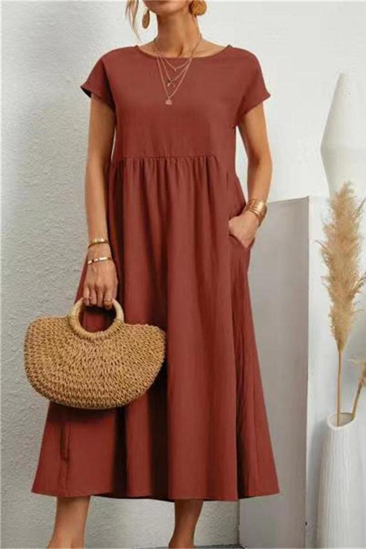 Cotton Linen Solid Short Sleeve Midi Dress Brown Red