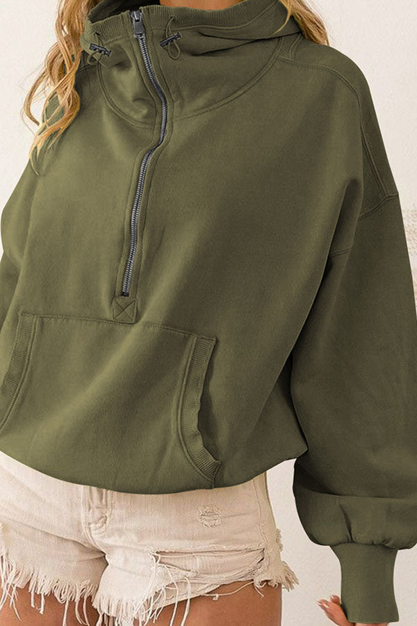 Zip Drawstring Long Sleeve Hoodie Green