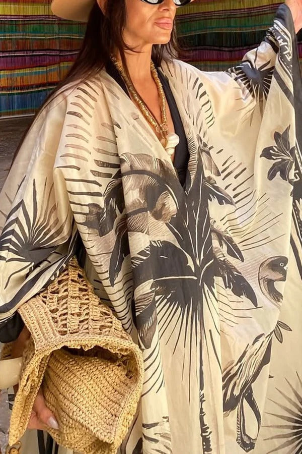 Flora Flamingo Print V-neck Loose Holiday Maxi Dress