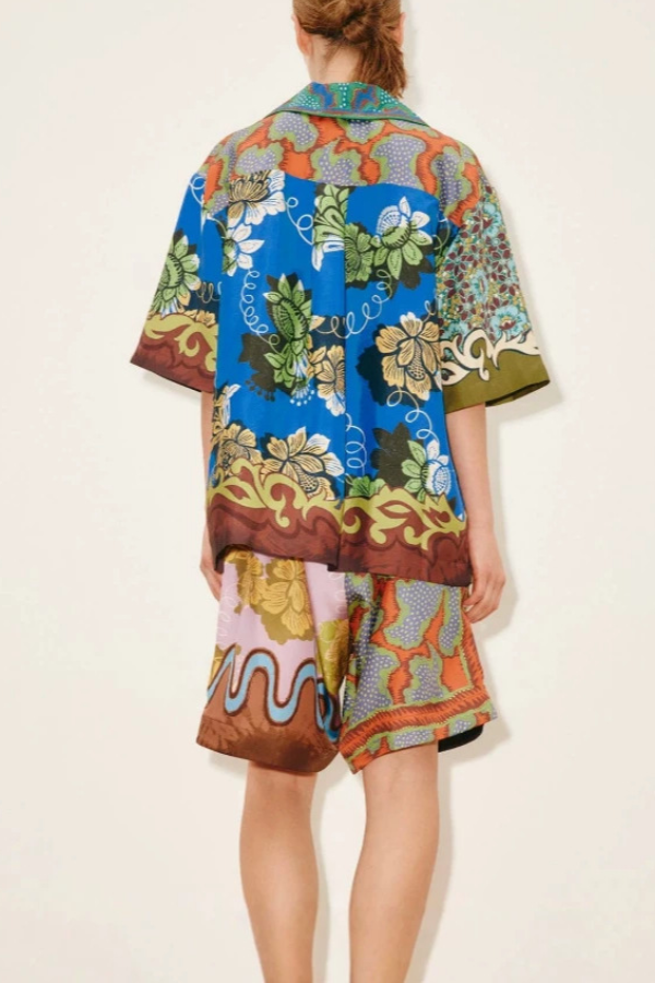 Retro Color‑Block Print Shirt & Shorts Two‑Piece Set