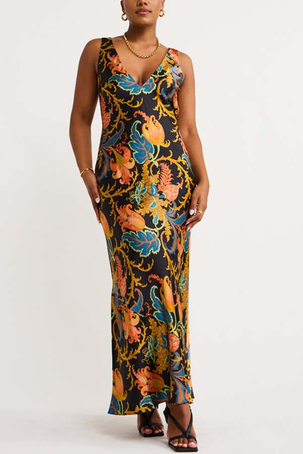 Forever Mine Satin Exclusive Botanical Print Slip Maxi Dress