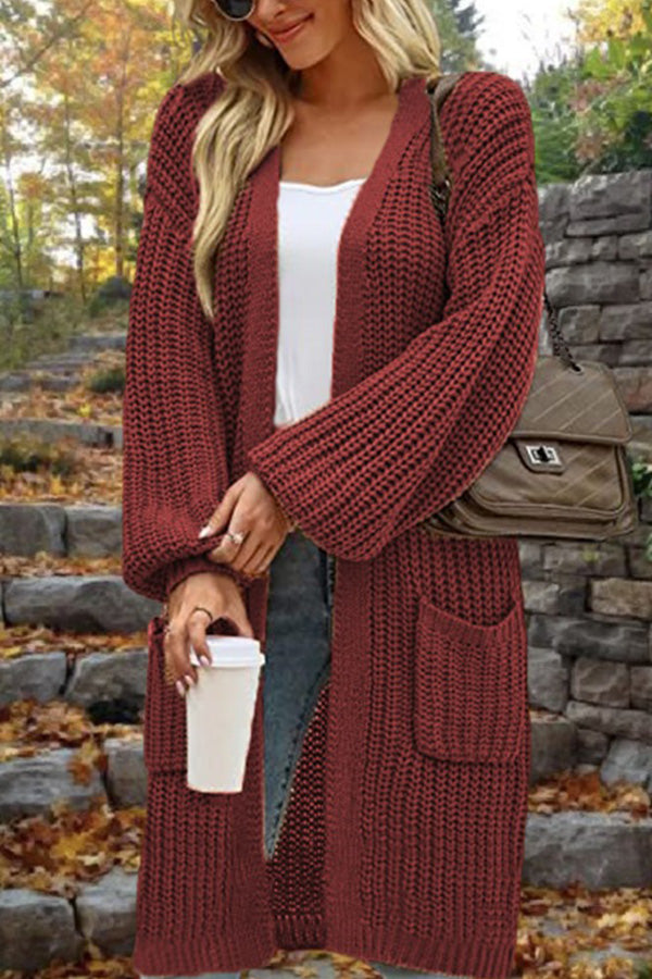 Mid-Length Loose Oversized Double Pocket Cardigan Sweater Jacket Claret