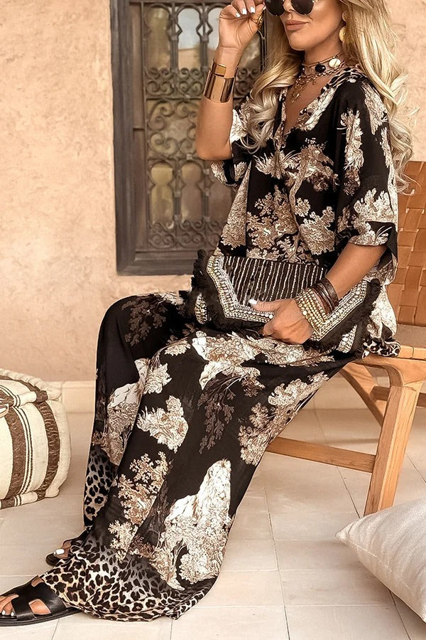 Tree Shadow Print V-Neck Short Sleeve Loose Top and Elastic Waist Casual Wide Leg Pants Set