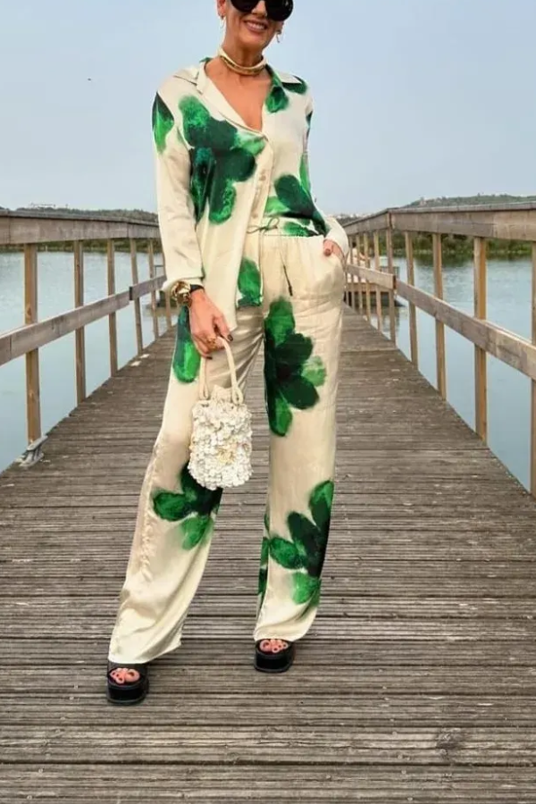 Green Floral Print Two Piece Set White