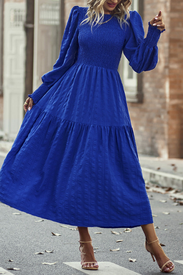Solid Lantern Sleeve Ruffle Hem Shirred Dress
