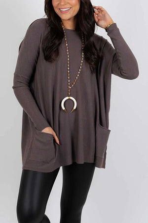 Winter Melodies Knit Crew Neck Front Pockets Oversized Sweater Ash