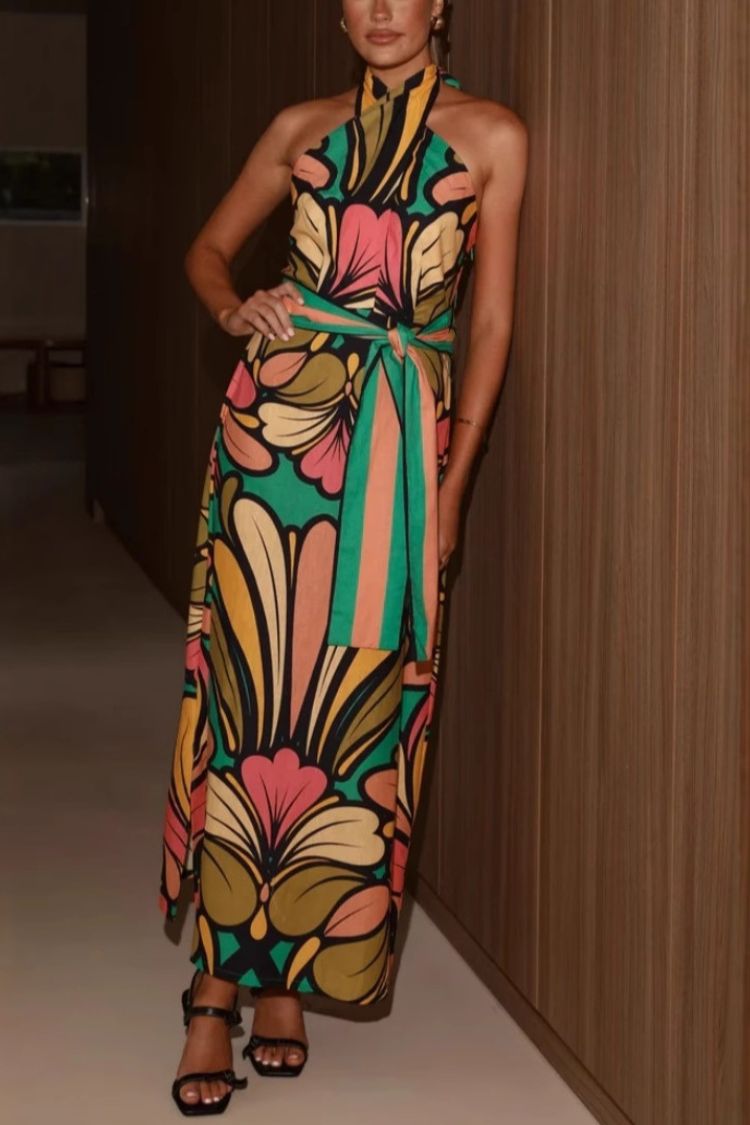 Unique Print Halter Neck Tie Backless Holiday Maxi Dress
