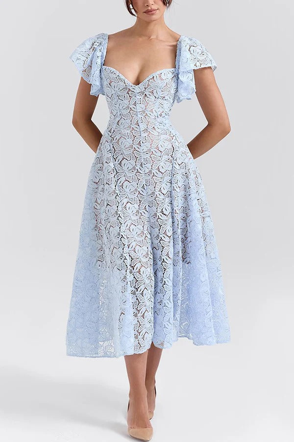Romantic Atmosphere Bluebell Lace Butterfly Sleeve Sweetheart Neck Stretch Midi Dress Blue