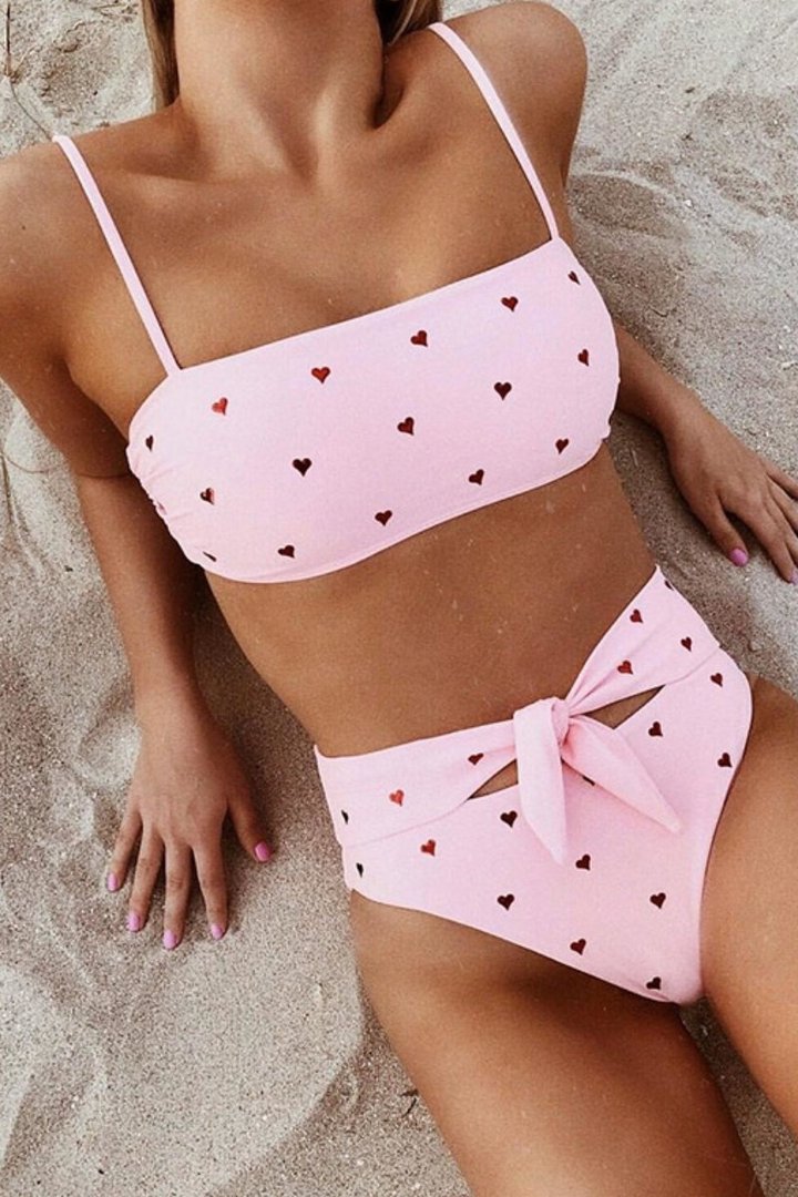 Heart-shaped Print Bandage Cutout Design Bikini Set (6 Colors) Pink