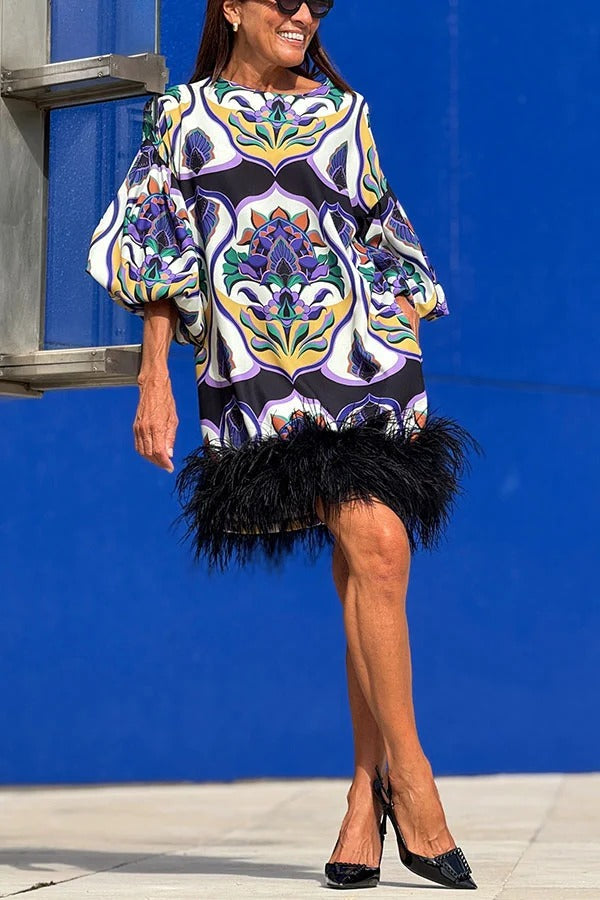 Make A Statement Unique Print Balloon Sleeve Pocket Feather Trim Mini Dress