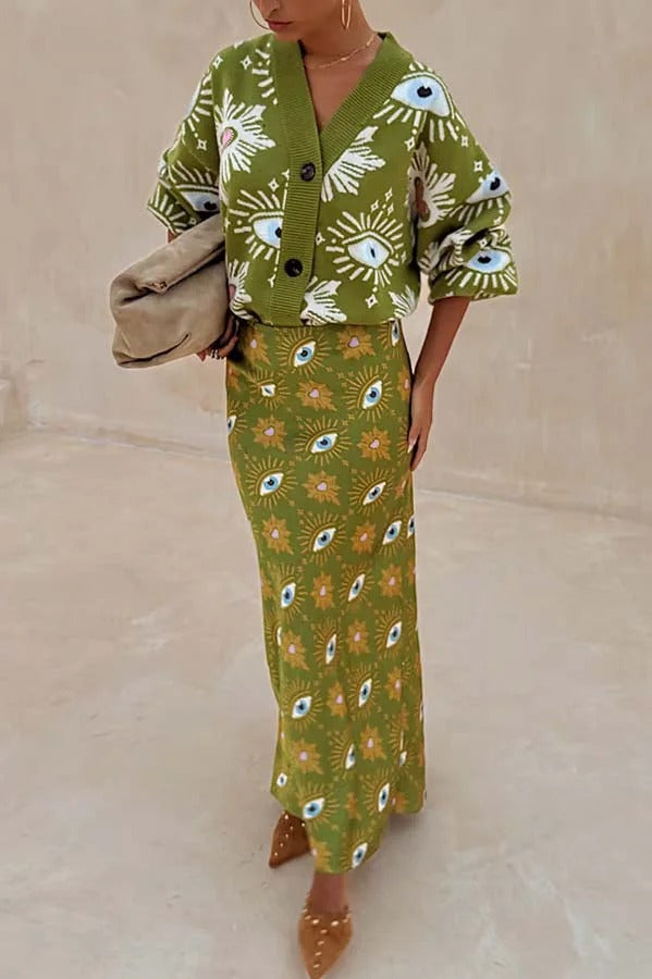 Mysterious Magic Satin Eye Heart Pattern Elastic Waist Drape Maxi Skirt