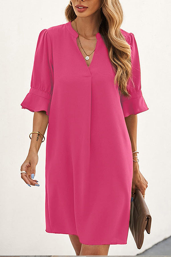 Solid Color Loose Casual V Neck Short Sleeve Knee Length Dress Pink