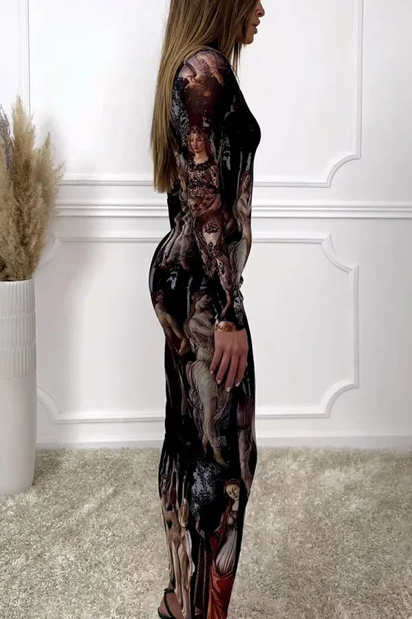 The Heaven Mesh Renaissance Print Stretch Midi Dress