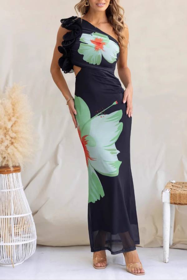 One-Shoulder Ruffled Printed Mesh Bodycon Maxi Dress