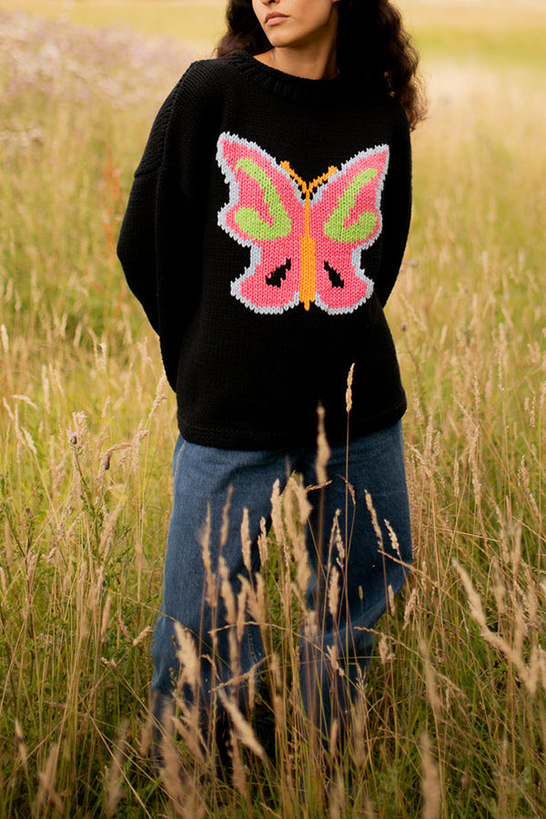 Y2K VIBES NEON BUTTERFLY KNIT LOOSE PULLOVER SWEATER Black