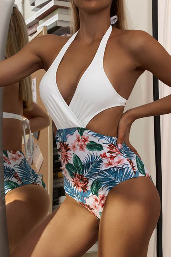 Floral Printed Belly-Hollow Split-Joint One-Piece Swimwear White