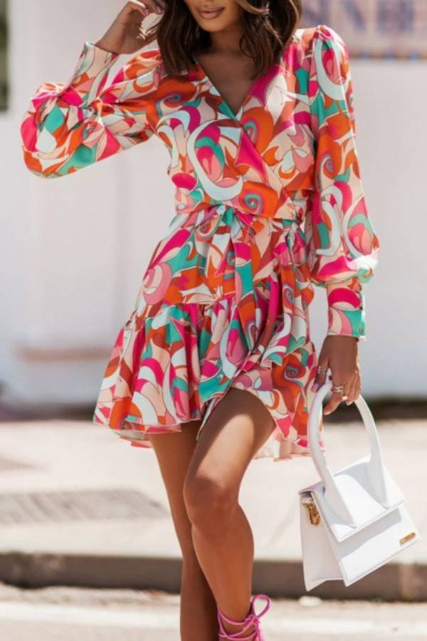 V-neck tie-up printed ruffle dress