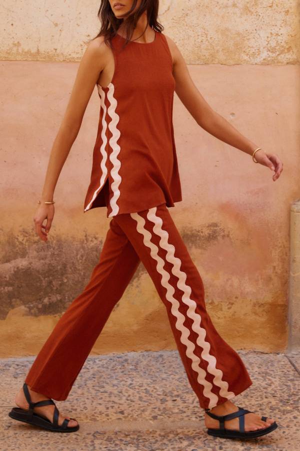Tash Linen Blend Ric Rac Wave Trim Tank and Elastic Waist Pocket Flare Pants Set