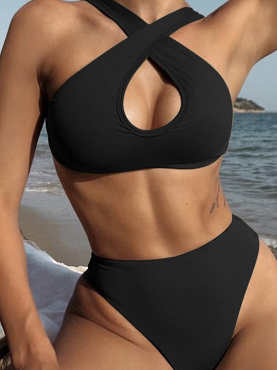 High Leg High Waist Wrap Halter Two Pieces Swimsuit Black
