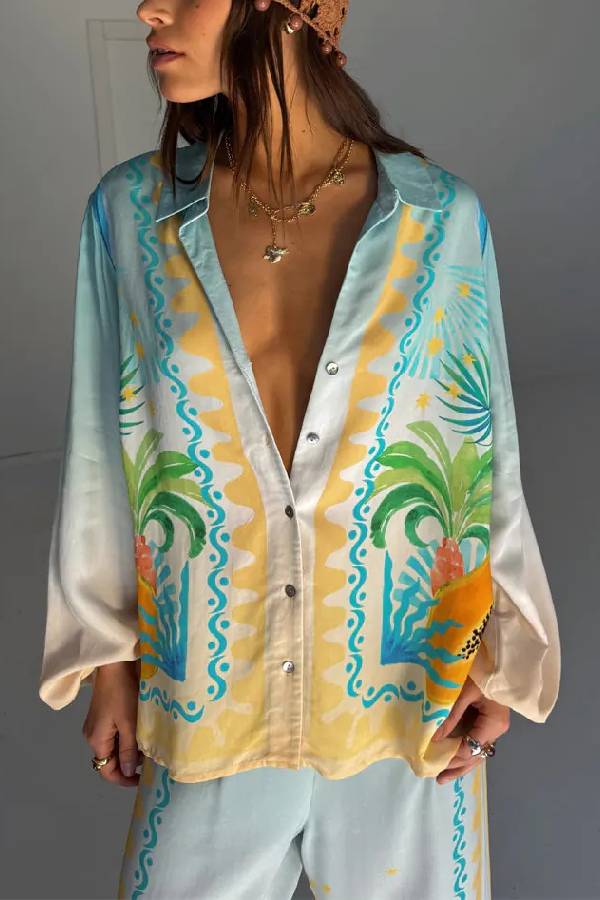 See You in Rio Tropical Fruits Print Button Long Sleeve Loose Blouse Blue