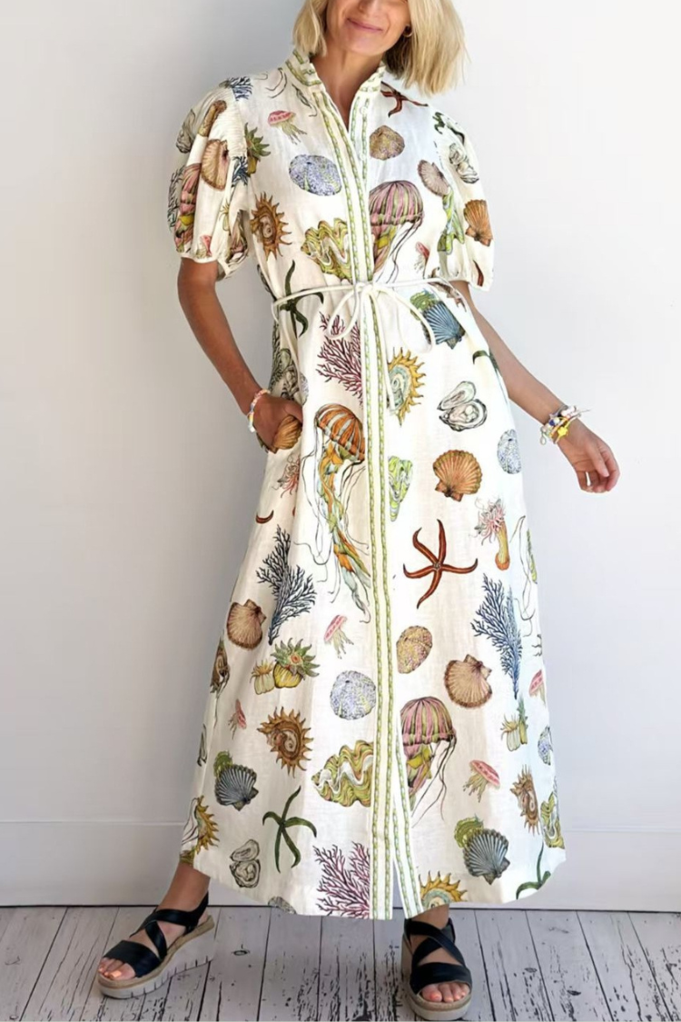 Deep Sea Dreaming Linen Blend Unique Print Puff Sleeve Lace-up Pocketed Midi Dress White