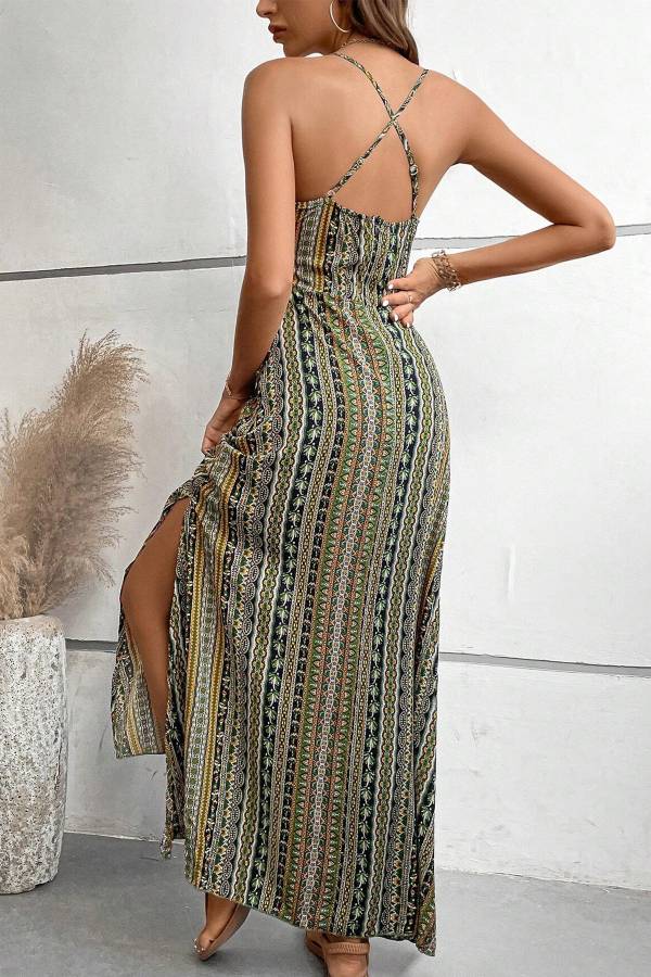 Bohemian Striped Cross-Back Maxi Dress