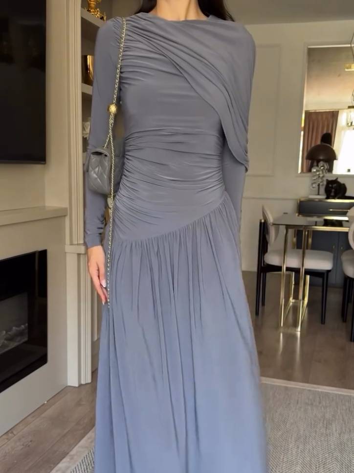 Irregular Shawl Pleated Maxi Dress
