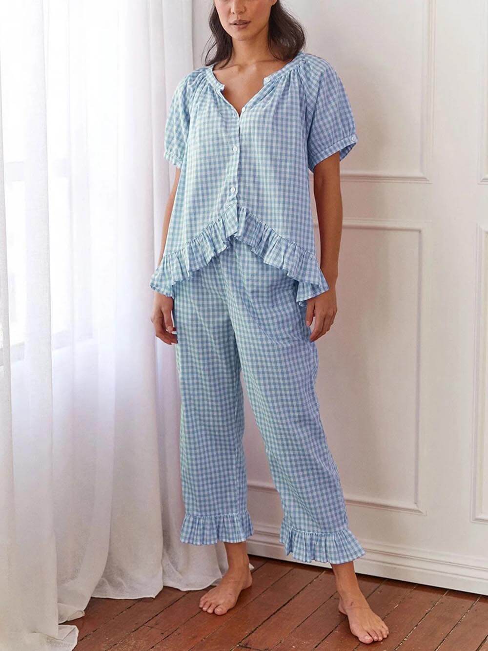 Lässiges Pyjama-Set mit gerüschtem Karomuster