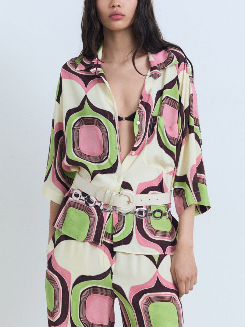 Chemise à manches mi-longues à imprimé géométrique peint unique