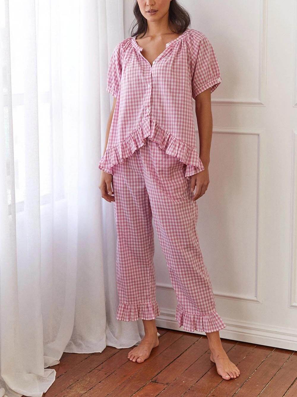 Lässiges Pyjama-Set mit gerüschtem Karomuster
