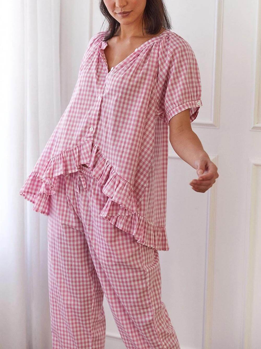 Lässiges Pyjama-Set mit gerüschtem Karomuster
