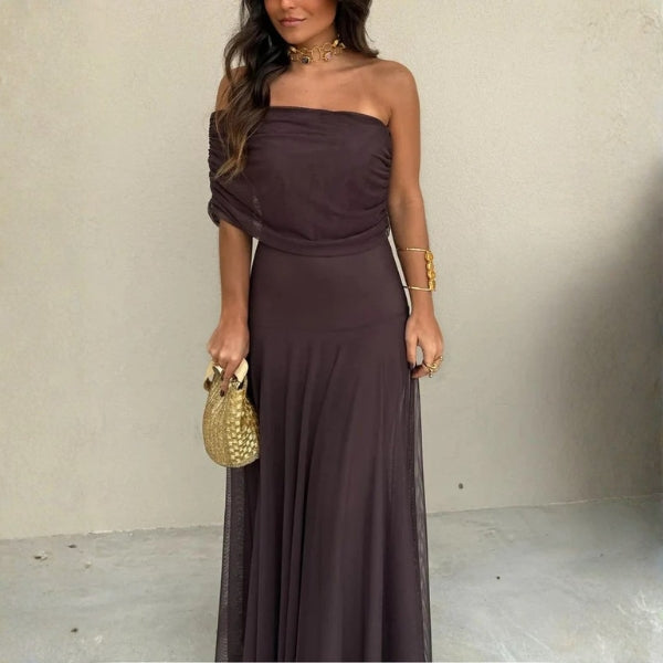 The Santorini Off-Shoulder Mesh Maxi Dress