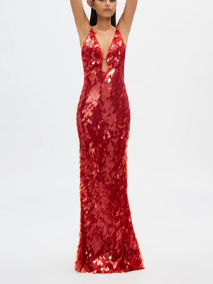 La robe longue à sequins saphir rouge